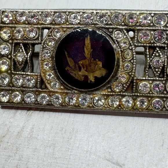 Antique Art Deco Rhinestone Brooch Pin Shadow Box Dried Flower Trombone Clasp - Picture 6 of 12